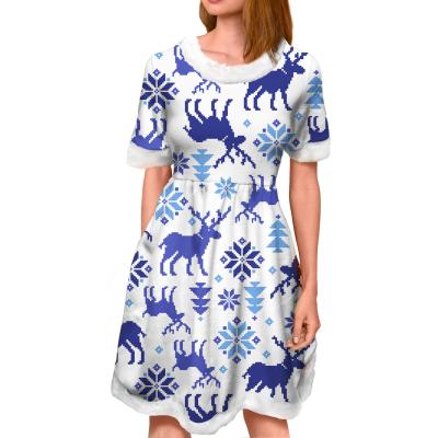 China 2021 Breathable Christmas Ladies Dress Snowflake Blue Bell Christmas Reindeer Christmas Blouse Fashion Seamless Princess Dress for sale