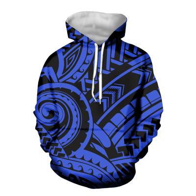 China Anti-Wrinkle Men's Pullover Black Top And Polynesian Tribal Pattern Hoodie Drawstring Sweatshirt Blue With Pockets for sale