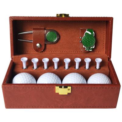 China Wholesale Golf Ball Gift Leather Leather Box Set Cap Clip Green Metal Golf Fork Customizable Logo Golf Gift for sale