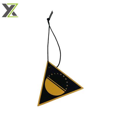 China Custom Recyled Gold Foil Embossed Logo Triangle Cardboard Hanger Tag With String for sale