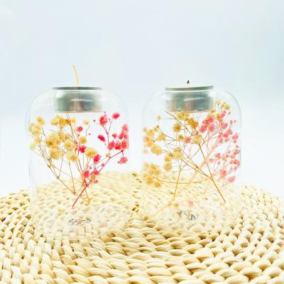 China Home Decoration Customized Glass Candle Holder With Dry Flower Tealight Transparent Glass Candle Holder for sale