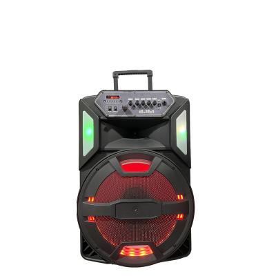 China USB/TF/FM/remote/BT/TWS/trolley wheels 15inch big power rechargeable trolley party speaker with LED light for sale