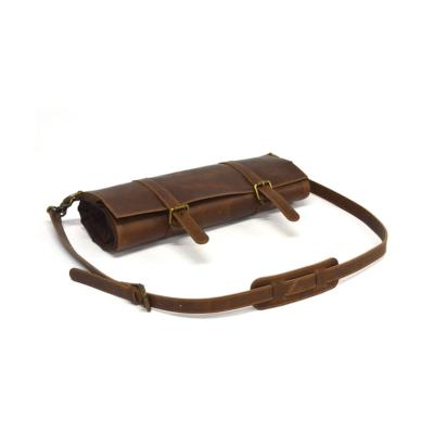 China Custom Buckle Closurer Men's Cross - Body Brown Cowhide Leather Tool Bag Set Travel Bartender Roll Up Bag for sale