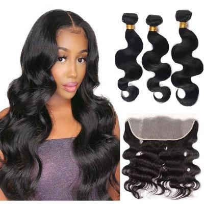 China 100% Virgin Hair Bundles With Closure Unprocessed Brazilian Body Wave Bundles With 13*6 Frontal Hair Weaves With Closure Natural Baby Black Color for sale