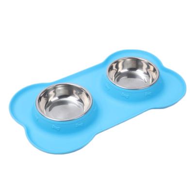 China Sustainable Dog Bowls Stainless Steel 2 Dog Bowl With No Spill Non-Slip Silicone Mat for sale