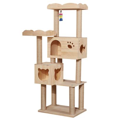 China Stocked Heavy Duty Premium Sisal Cat Post With Pet House Tower Cat Climbing Tree Toys Scratch Solid Wood for sale