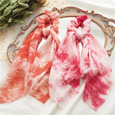 China 2021 New Spring Summer Tie-dye Ribbons Aquare Floral Scarf Scrunchies Set Ponytail Holder Elastic Hair Ties for sale