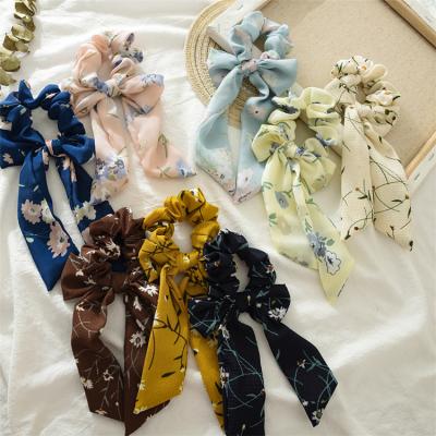 China Summer Spring Girl Chiffon Bow Floral Printed Scarf Scrunchies Knotted Ponytail Holders Girl Hair Accessories for sale