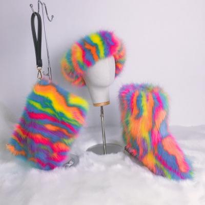 China Wholesale 40 Colors Faux Fox Fur Snow Boots Headband And Fluffy Wristlet Bag Three-piece Sets for sale