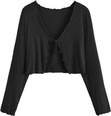 China Anti-pilling Oem 2023 New Design Women'S Plus Size Long Sleeve Lettuce Trim Open Tie Front Crop Tops for sale