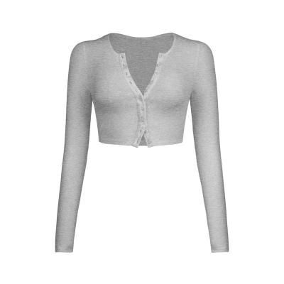 China Anti-pilling Manufacturer Direct Sale Plus Size Button Front Custom Rib Knit Long Sleeve Crop Top For Women for sale