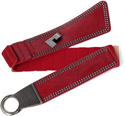 China Luxury baseball no buckle belt free sample red color fashion women elastic good quality leather belts famous brand ansonye women belts for sale