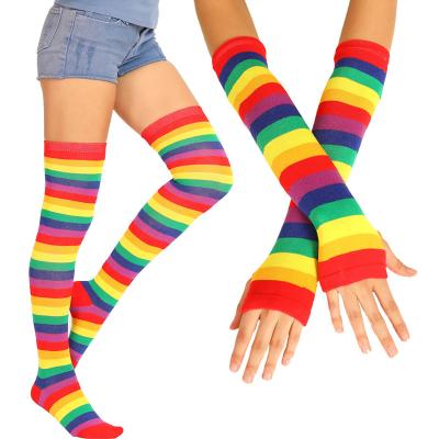 China Wholesale High Quality Women's Rainbow Socks Sports Fingerless Gloves Arm Warmer Striped Over The Knee High Socks Set for sale