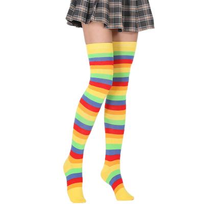 China Sporty Women's Thin Stripes Tube Socks Rainbow Striped Over The Knee Boots Casual Knee High Low Striped Thigh High Socks for sale