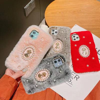 China Luxury Protector Cover 2021 Fur Phone Case With Pearl For iPhone 12 pro max xr 11promax for sale