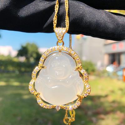 China Environmental Friendly Custom Luxury Unisex Hip Hop Jewelry 18k Gold Plated Iced Out Jade Diamond Buddha Pendant Necklace for sale