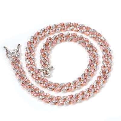 China Hiphop Half Rose Gold and Rhodium Plated Rose Crystal Zircon Micro Pave Copper Miami Cuban Link Neckalce Chain for sale