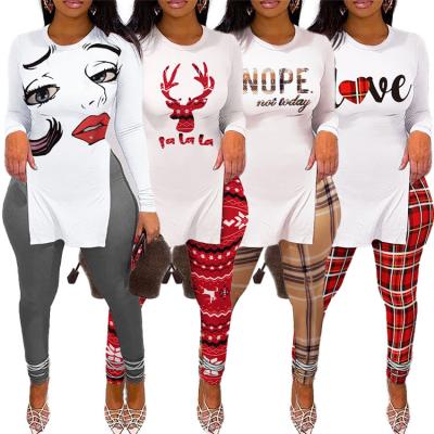 China Anti-wrinkle ladies clothing women casual one-piece set for autumn spring polyester side split letter printed outfits for sale