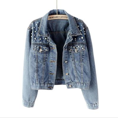 China New plus size women's wild beaded pearl spring and Autumn Short Denim Jacket loose and thin for sale