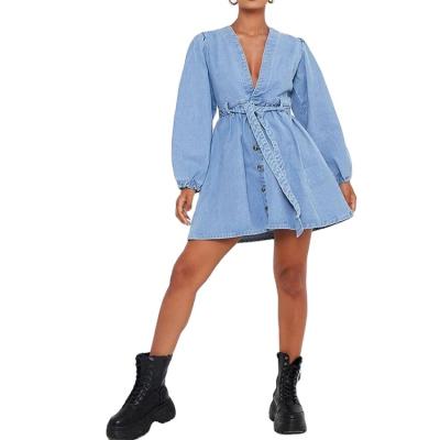 China Plus Size 2021 Summer New Women's Big Swing V-Neck Swing Women's Denim Midi Dress Long Sleeve Skirts for sale