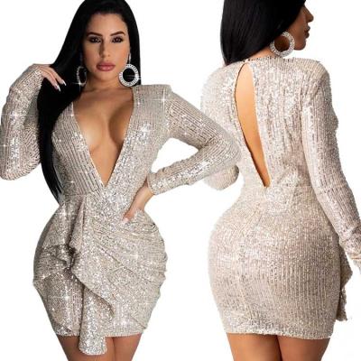 China Autumn And Winter Amazon Hot Women's Halter Deep Sequin V-Neck Hip Party Dress Breathable Tight-Fitting Sexy Dress for sale