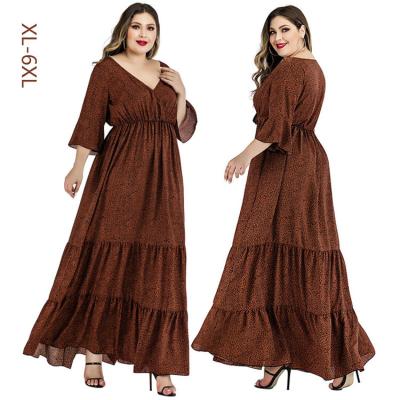 China Fast Fashion Plus Size Casual Women's Leopard Print V-Neckline Flare Sleeve Stitching Big Swing Dress Long Skirt for sale