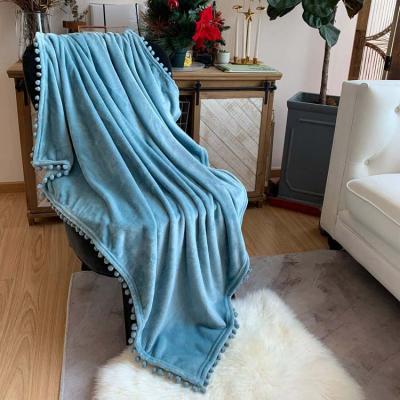 China PORTABLE Fleece Throw Blanket with Pompom Fringe Dusty Pink Flannel Blankets Super Soft Cozy Blanket (50