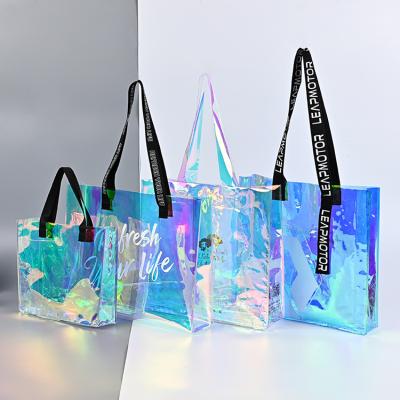 China Custom Women Handled Fashion Transparent PVC Handbag Waterproof Tote Beach Bags Holographic Shopping Bag for sale