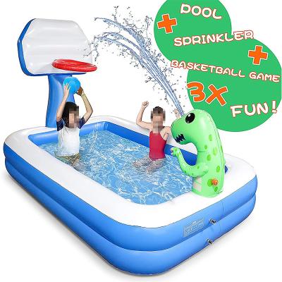 China Kids Water Play Big Inflatable Blow Up Pool For Kids, With Basketball Hoop And Dinosaur Sprinkler for sale