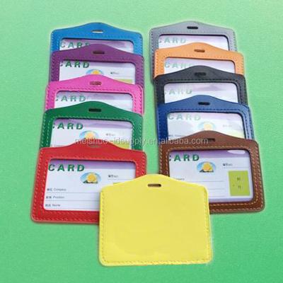 China Fashion Faux Leather Name Tag Employee ID Work Badge Card Holder Business Horizontal Leather Like 2 Windows for sale