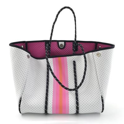 China Fashion Neoprene Bag Custom Factory Wholesale Pink Stripe Neoprene Tote Beach Bag for sale