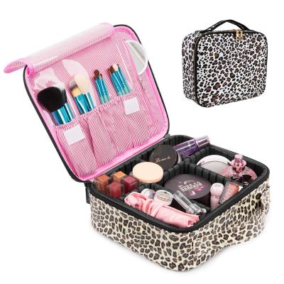 China 2022 Fashion Leather Removable Zipper Dividers Cosmetic Organizer Case PU Leather Leopard Makeup Bag Cosmetic Tool Bag for sale