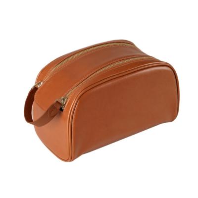 China Fashion Factory Wholesale High Quality Make Up Bag Solid Brown Color Makeup Bags PU Leather Double Zipper Cosmetic Bags Custom for sale