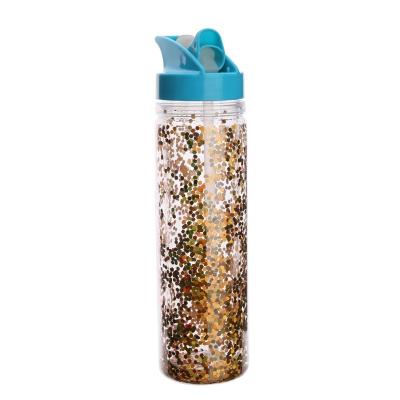 China Custom 570ml BPA Double Wall Viable Plastic Water Bottles Glitter Free Plastic Water Bottles With Straw Lid for sale