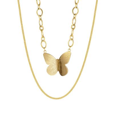 China Punks 2021 PJ-C310 Stereoscopic Butterfly Necklace With Double Layer Design 14K Gold Pendant Necklace For Women for sale