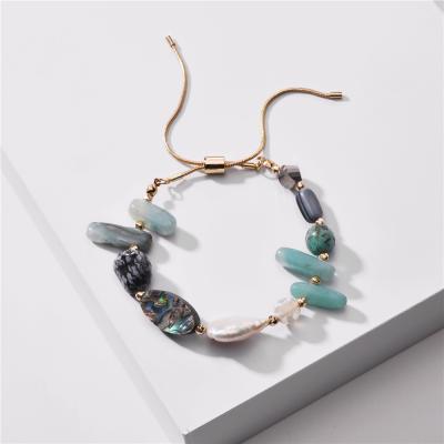 China FASHIONABLE PJ-C363 Stunning Raw Stone Irregular Bead Shell Bracelet, Amazonite Stone Adjustable Bracelet Jewelry for sale