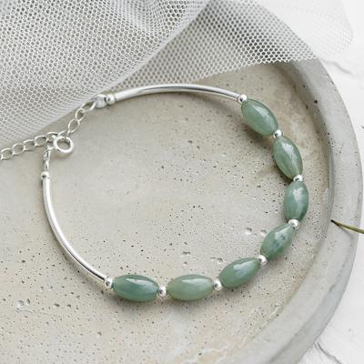 China PJ-C270 TRENDY Natural Jadeite Jade Stone Bracelet Green 925 Sterling Silver Bangle Jewelry Beaded Adjustable for sale