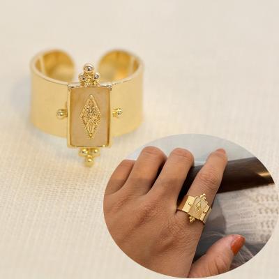 China And American of PJ-C312 cute retro gold plated natural stone ring geometric titanium steel ring European popular design ring fashion for sale