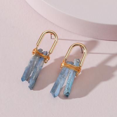 China PJ-C365 TRENDY Two Stones Dyed Clear Quartz Bar Shape Earring, Wire Wrapped Gold Plated Women Drop Earring Crystal Earring for sale