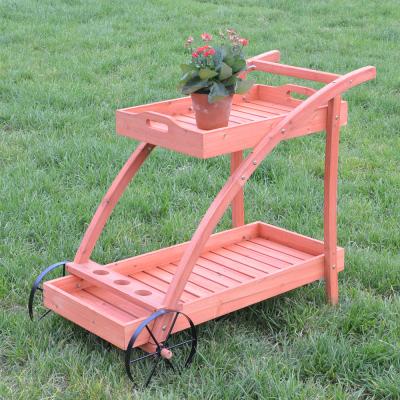 China Traditional Flower Garden Planter Stand Solid Wood Stain Brown Patio Balcony Wooden Flower Cart Holders for sale