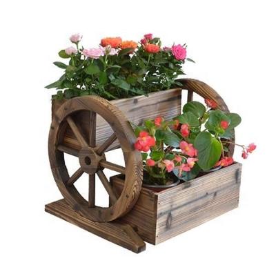 China Two Wheel Design Double Row Wooden Flower Planters With Decor Wheels for sale