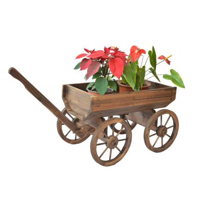 China Old Fashioned Antique Wooden Cart Planters Flame Burnt Backyard Planting Carts for sale