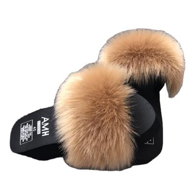 China Fox Disposable Home Women Platform Slippers Faux Fur Fluffy Slippers With Feathers Summer Ladies Shoes Hairy Fox Fur Flip Flops High-heel for sale