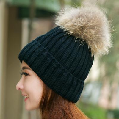 China High Quality Removable Cone Raccoon Fur Pompom Hats Rabbit Wool Knitted Hat Women Girls Winter Knit Fur Hat for sale