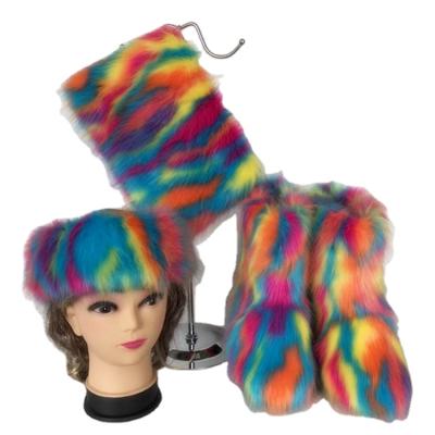 China 2019 Wholesale Women Real Cheap Faux Fur Lightweight Fluffy Snow Boots With Colorful Furry Matching Purse And Headband Set for sale