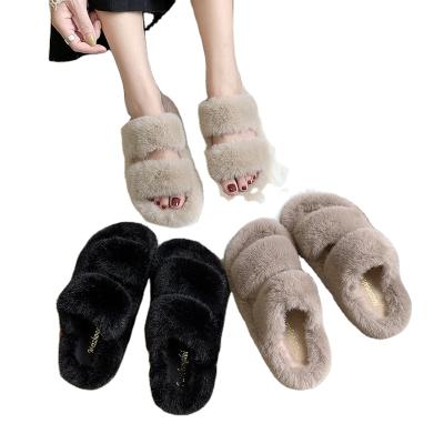 China The new Korean version of fur slippers outdoor women's slippers flat-bottomed casual wearing wild women's shoes celebrity rabbit line sandals for sale