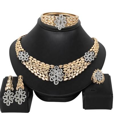 China CLASSIC Gold Color Jewelry Sets For Wedding Rings Luxury African Wedding Necklace Earrings Bracelet Women Ornament Wife Gifts for sale