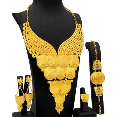 China New TRENDY Jewelry Set 24K Gold Plated Women Bridal Ring Bracelet Set African Indian Dubai Necklace Earrings Wedding Wedding Jewelry Set for sale