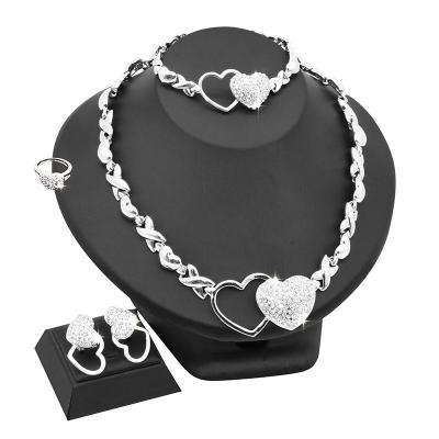 China TRENDY Dubai Fashion Heart Silver Jewelry Set Necklace Wedding Bridal Set Earrings Ring Bracelet Four Piece Wholesale Adjustable for sale