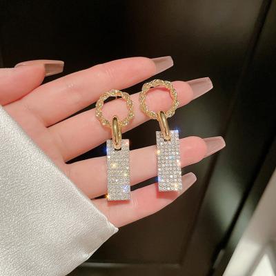 China Fashion Trendy Bling Bling Korean Rhinestone 925 Drop Earrings For Women Geometric Metallic Dangle Earrings Temperament Jewelry for sale